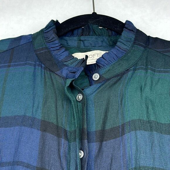 Ann Taylor LOFT Womens Button Front Shirt Sz Small Blue Green Plaid Rayon Blend - Picture 7 of 11